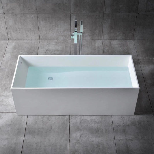 Rectangular sintered stone freestanding bathtub in chalk color with soaking design