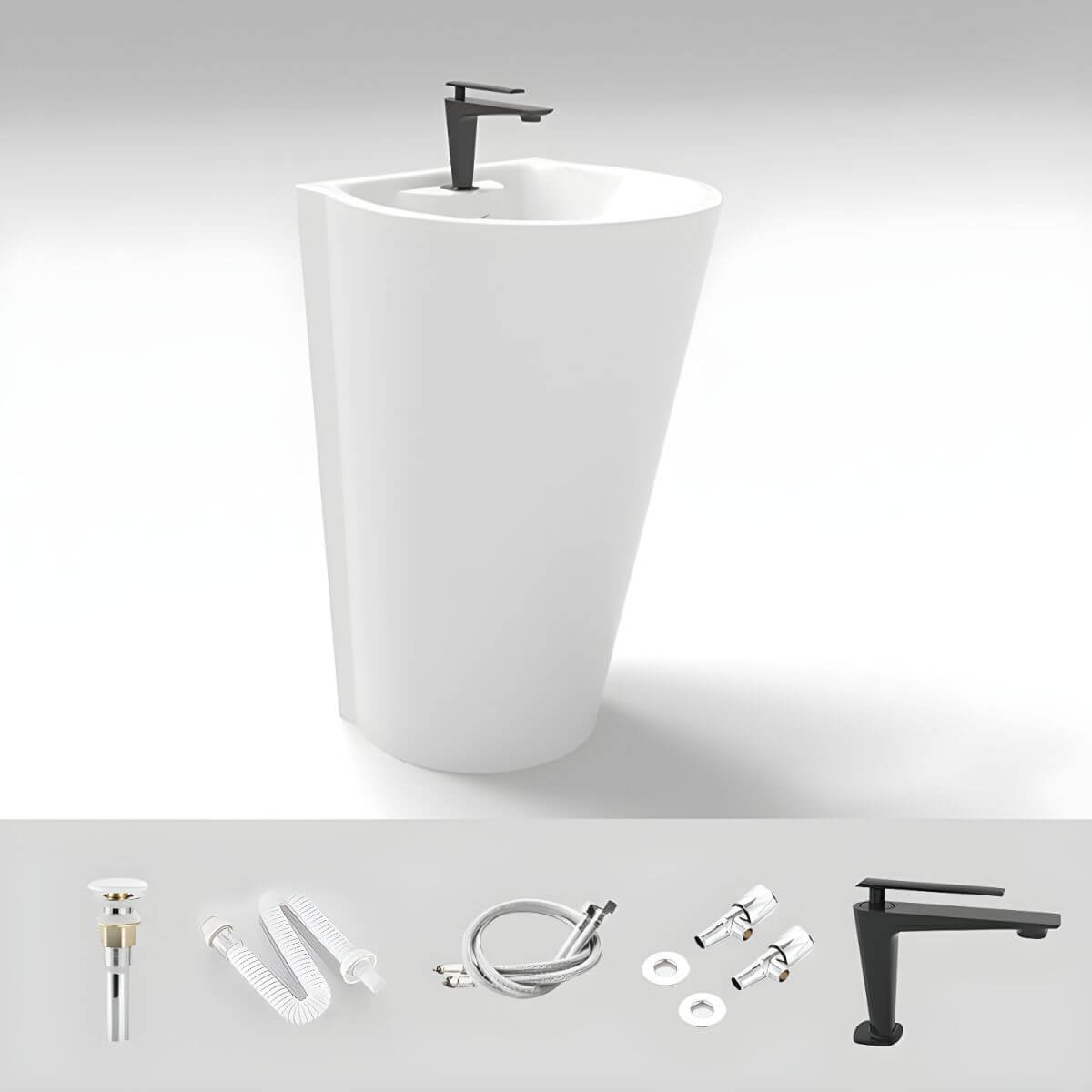 U-shaped sink showcasing pop-up drain mechanism