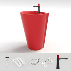 Red U-shaped pedestal sink with modern finishes