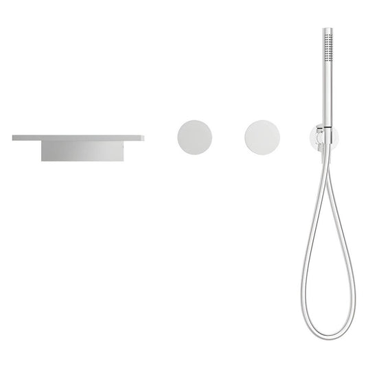 Modern wall-mounted bathtub spout with hand shower, knob handles, and included valve