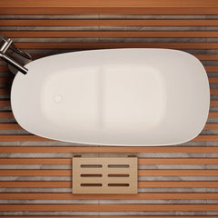 Contemporary 47-inch oval bathtub in a chic pink hue, made from new synthetic stone, ideal for a relaxing, deep soak.