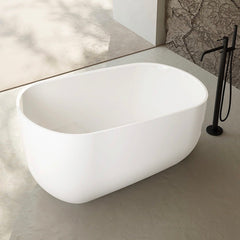 Modern 49-inch oval acrylic bathtub in glossy white with ergonomic backrest