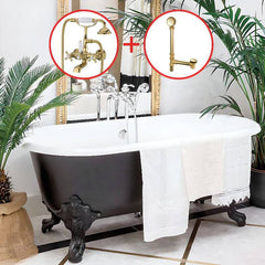 Clawfoot Bathtub in Porcelain Enameled Cast Iron with 2 Handles, Roll Top, Compression Faucet, Oval Shape, Valve & Contemporary Style, White-Gold, Tub with Wall Mounted Faucets, 72"L x 31"W x 25"H Bathtubs