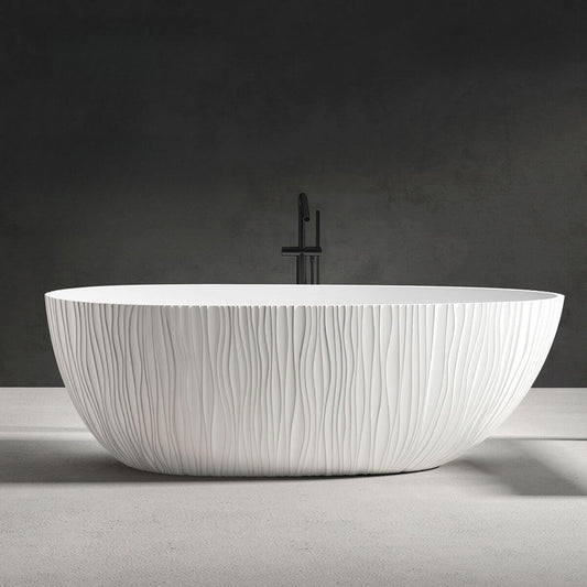 Oval-shaped ink resin freestanding bathtub with roll top, designed for soaking therapy and simplistic style