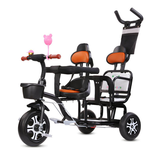 Adjustable Dual-Seat Metal Tricycle with Canopy, Lights & Parent Push Bar