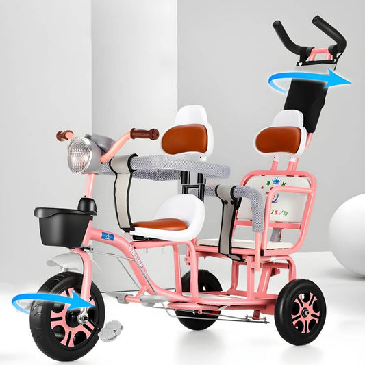 Adjustable Dual-Seat Metal Tricycle with Canopy, Lights & Parent Push Bar