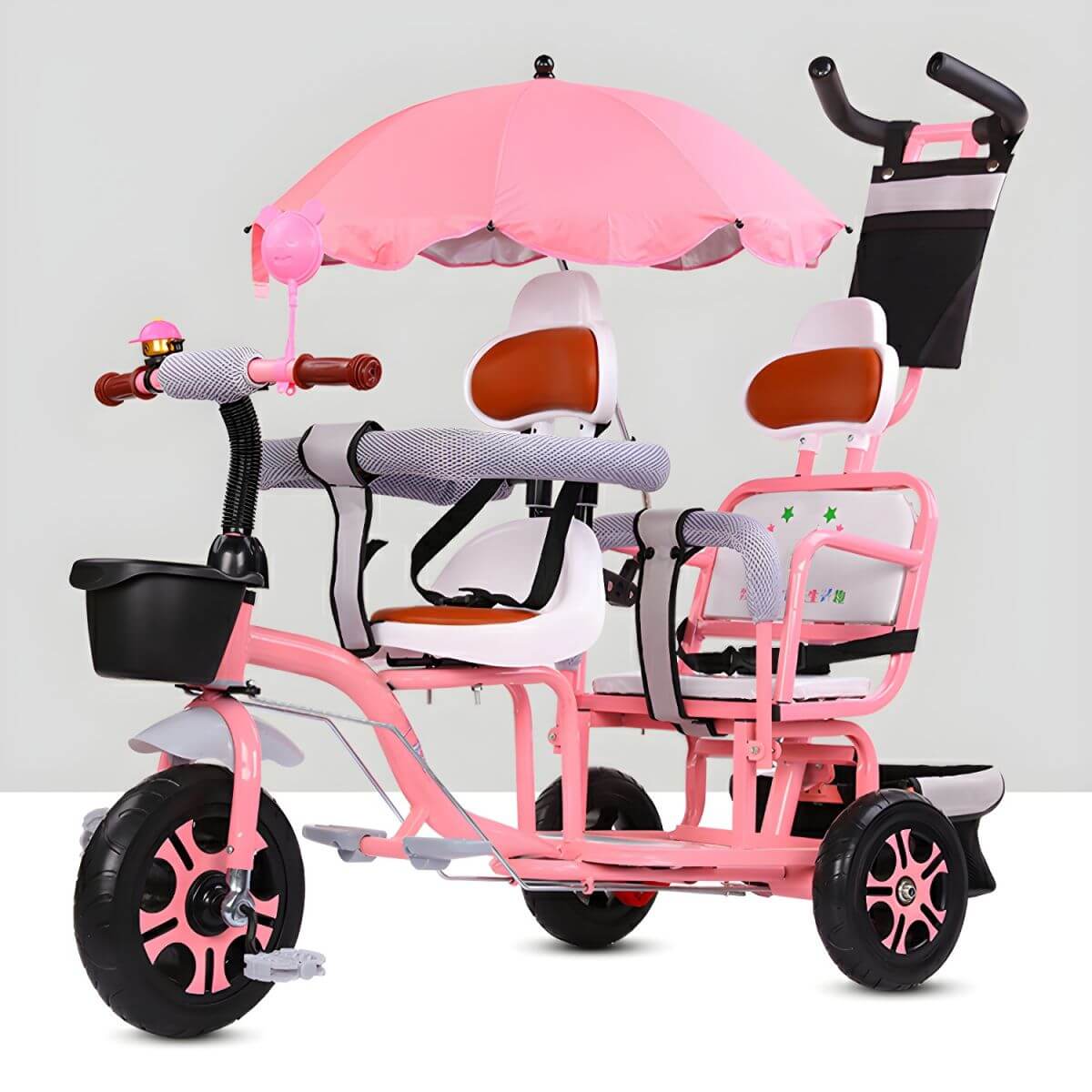 Adjustable Dual-Seat Metal Tricycle with Canopy, Lights & Parent Push Bar