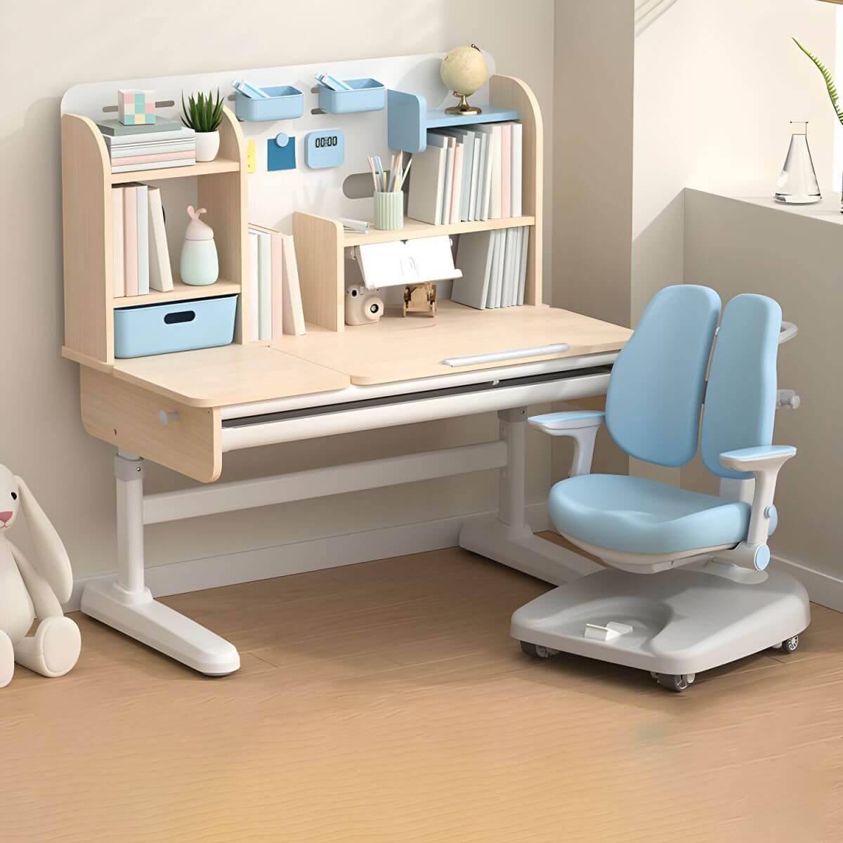 Adjustable Kids Desk and Chair Set with Storage Shelves in Rubberwood