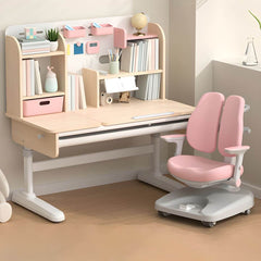 Adjustable Kids Desk and Chair Set with Storage Shelves in Rubberwood