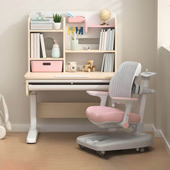 Adjustable Kids Desk and Chair Set with Storage Shelves in Rubberwood