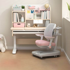 Adjustable Kids Desk and Chair Set with Storage Shelves in Rubberwood