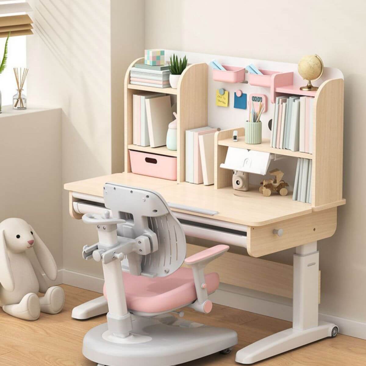 Adjustable Kids Desk and Chair Set with Storage Shelves in Rubberwood