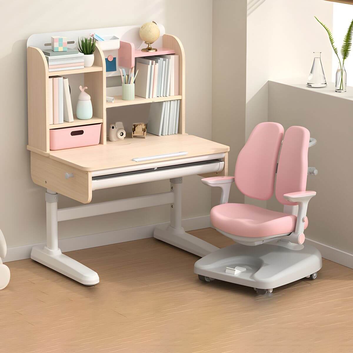 Adjustable Kids Desk and Chair Set with Storage Shelves in Rubberwood