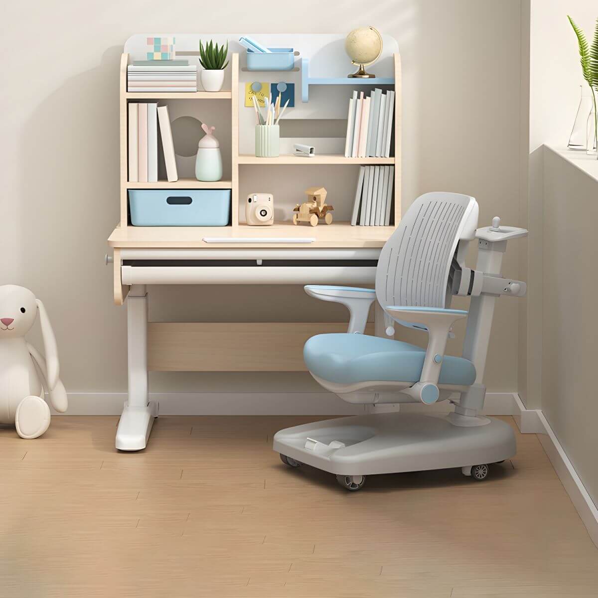 Adjustable Kids Desk and Chair Set with Storage Shelves in Rubberwood