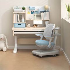 Adjustable Kids Desk and Chair Set with Storage Shelves in Rubberwood