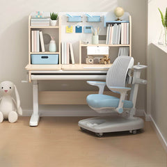 Adjustable Kids Desk and Chair Set with Storage Shelves in Rubberwood