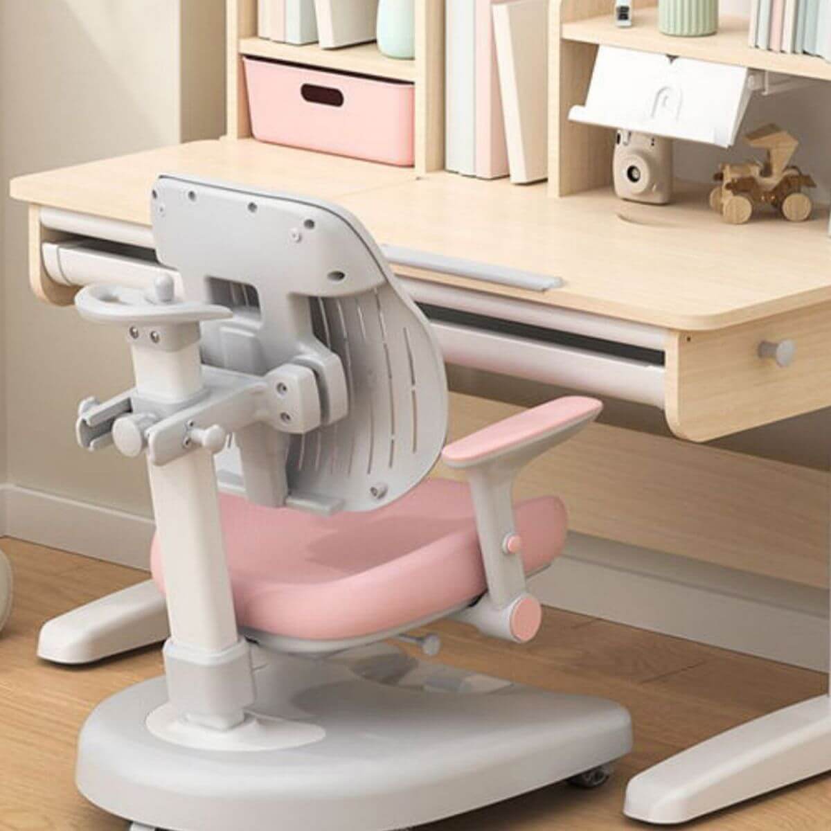 Adjustable Kids Desk and Chair Set with Storage Shelves in Rubberwood