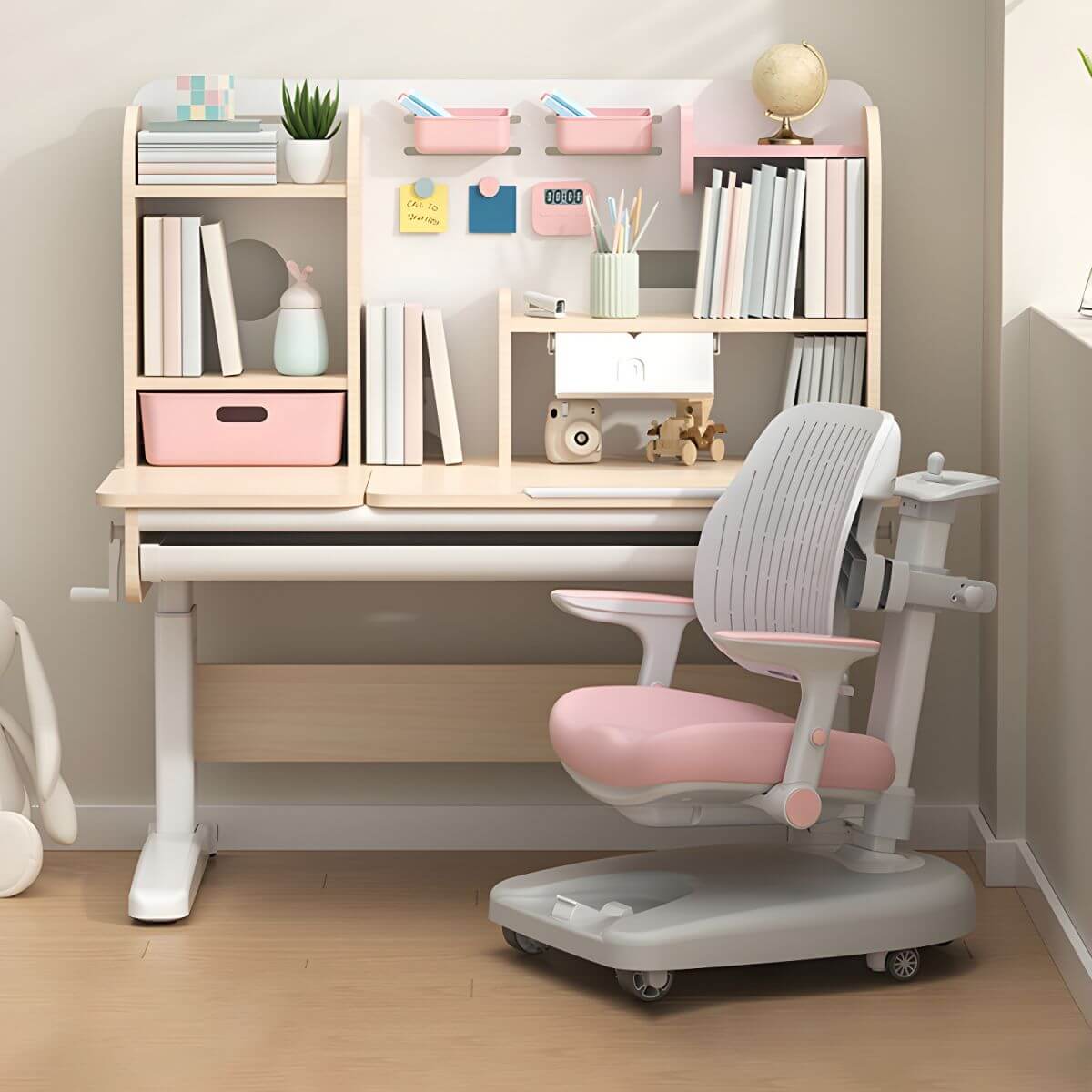 Adjustable Kids Desk and Chair Set with Storage Shelves in Rubberwood