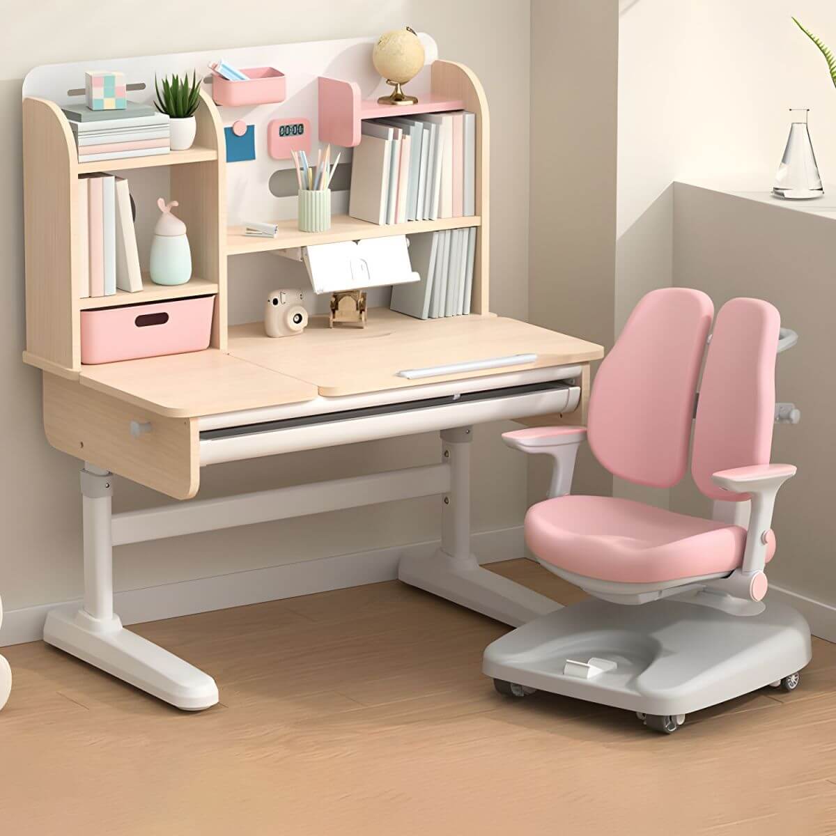 Adjustable Kids Desk and Chair Set with Storage Shelves in Rubberwood