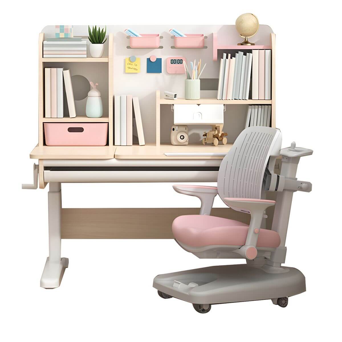 Adjustable Kids Desk and Chair Set with Storage Shelves in Rubberwood