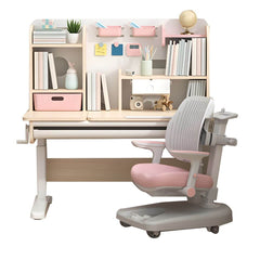 Adjustable Kids Desk and Chair Set with Storage Shelves in Rubberwood