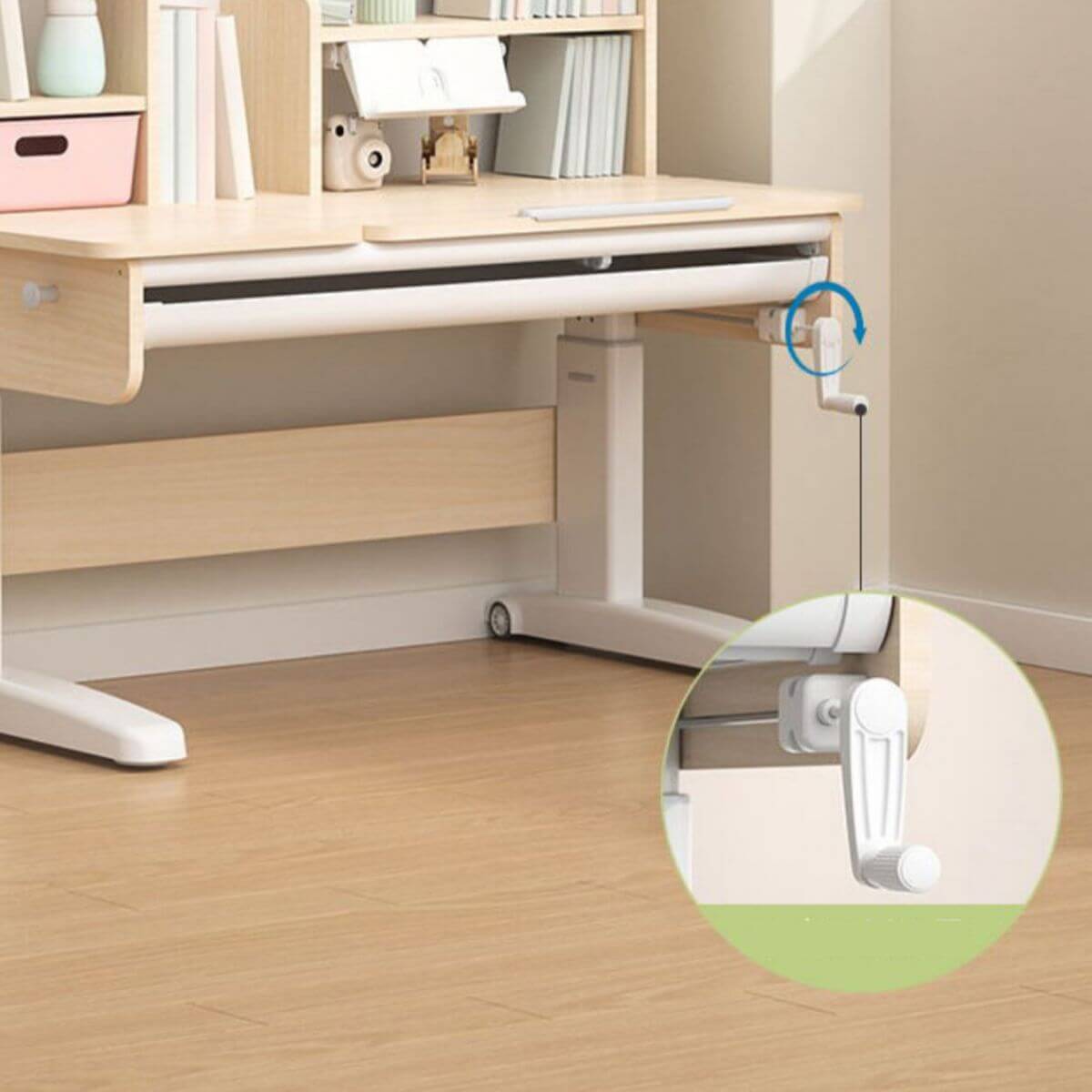 Adjustable Kids Desk and Chair Set with Storage Shelves in Rubberwood