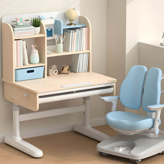 Adjustable Kids Desk and Chair Set with Storage Shelves in Rubberwood