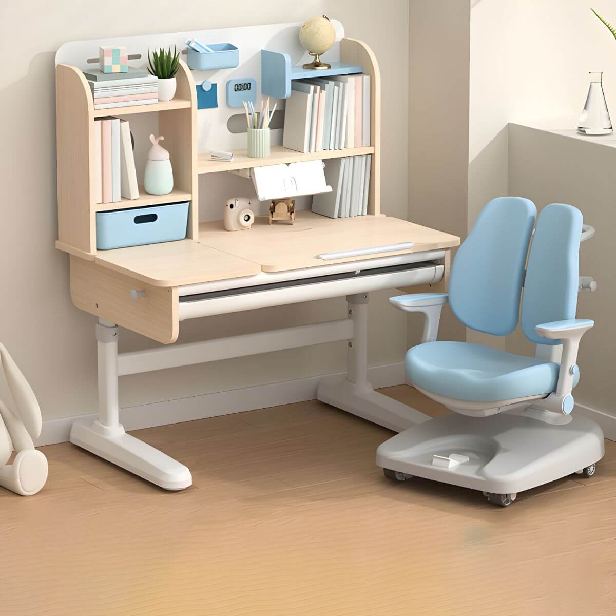 Adjustable Kids Desk and Chair Set with Storage Shelves in Rubberwood