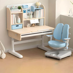 Adjustable Kids Desk and Chair Set with Storage Shelves in Rubberwood