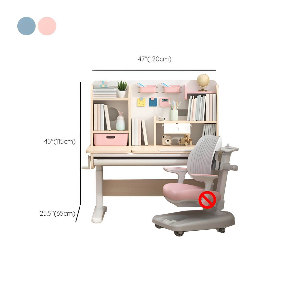 Adjustable Kids Desk and Chair Set with Storage Shelves in Rubberwood Dimensions