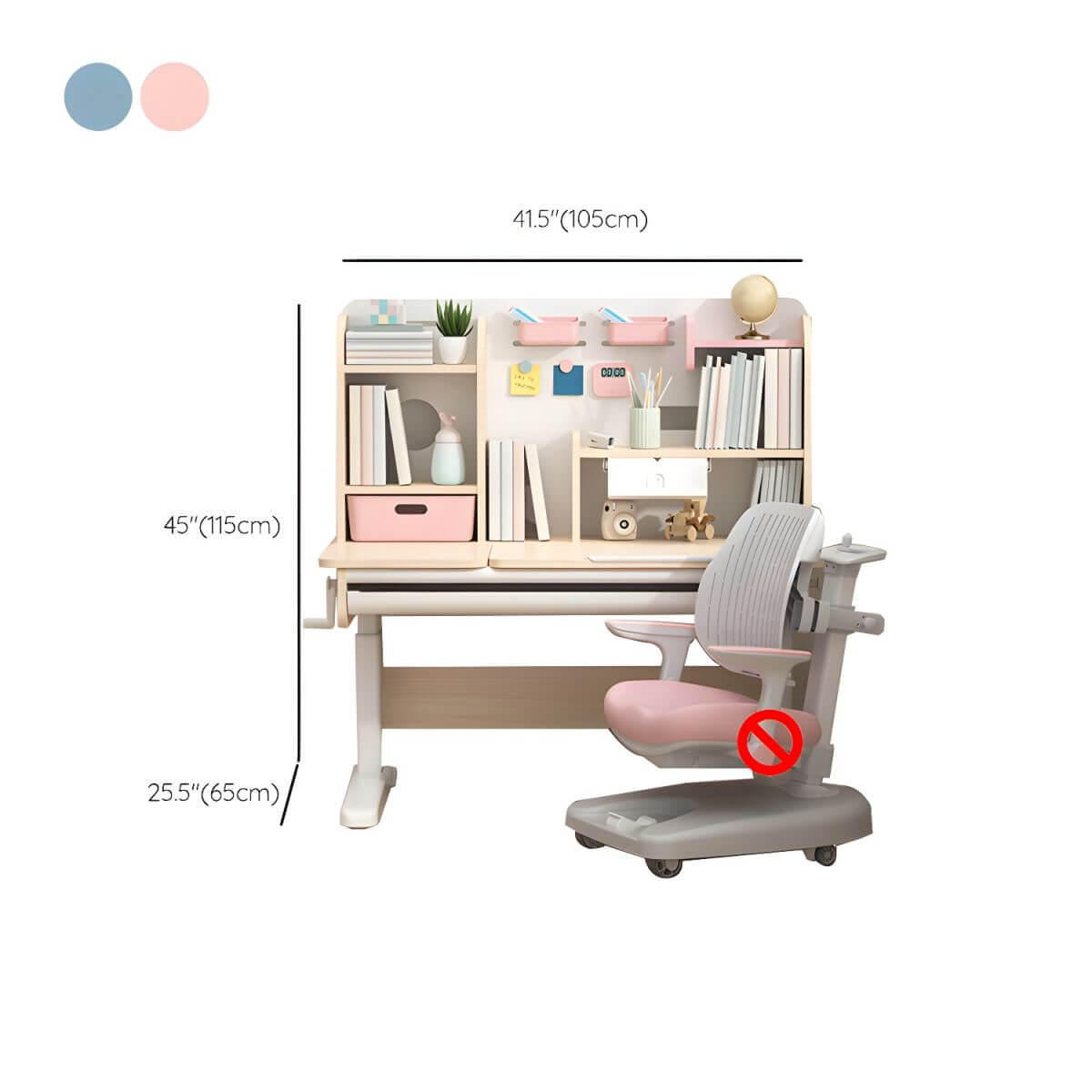 Adjustable Kids Desk and Chair Set with Storage Shelves in Rubberwood Dimensions