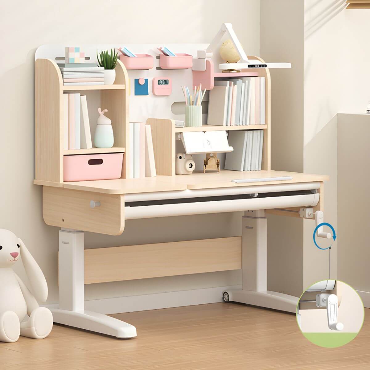 Adjustable Kids Desk and Chair Set with Storage Shelves in Rubberwood Main Product Image