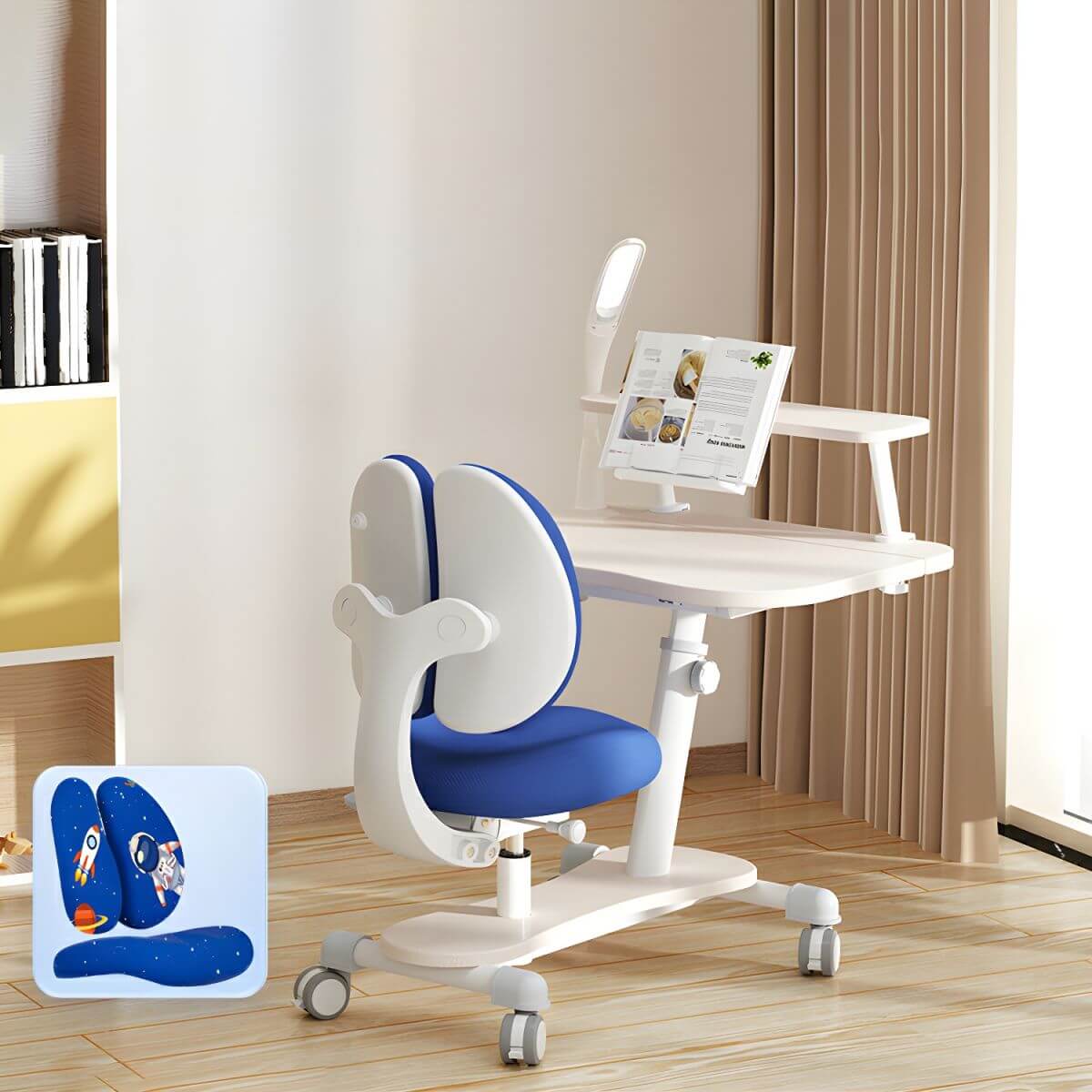 Adjustable Kids Writing Desk with Ergonomic Chair and Storage Shelf
