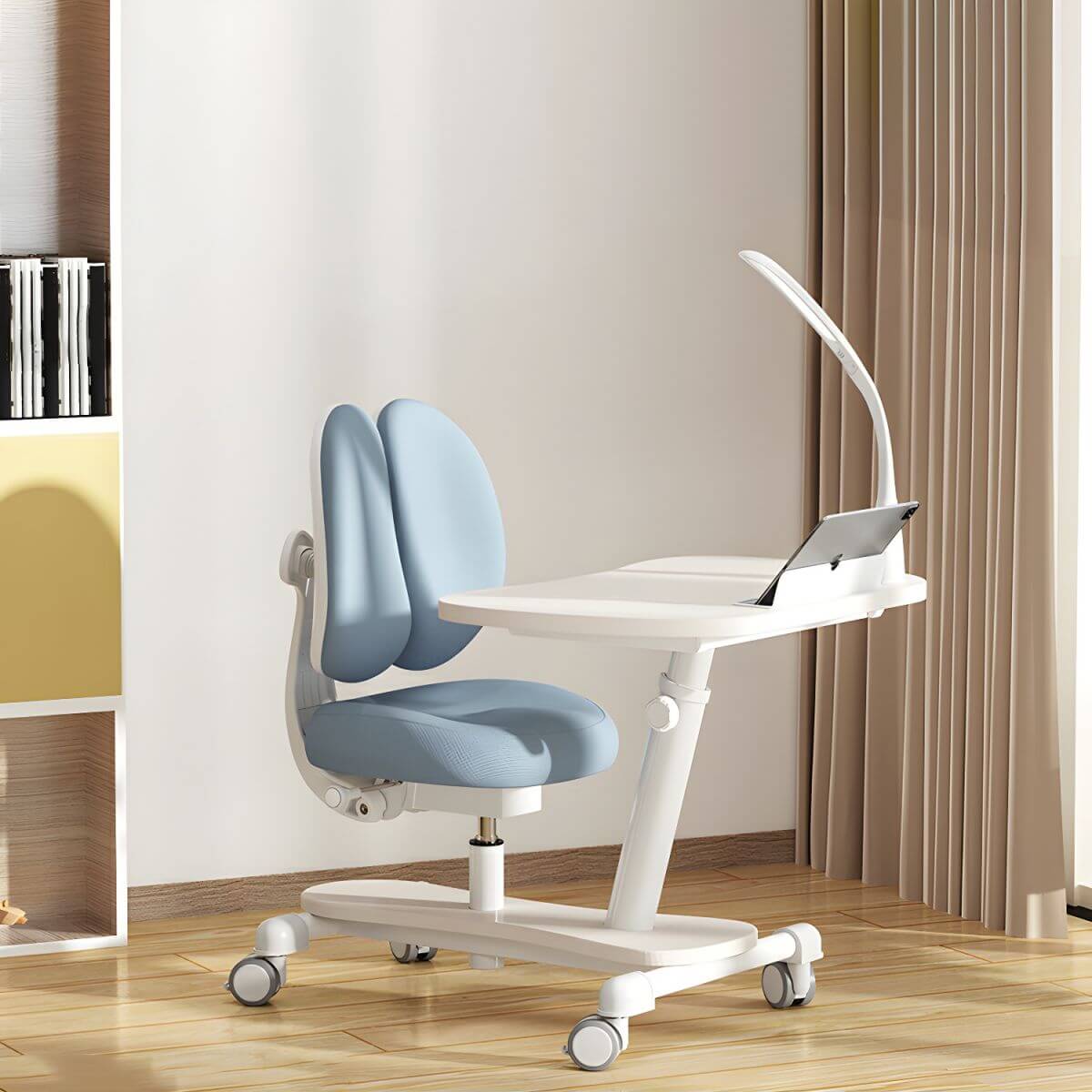 Adjustable Kids Writing Desk with Ergonomic Chair and Storage Shelf