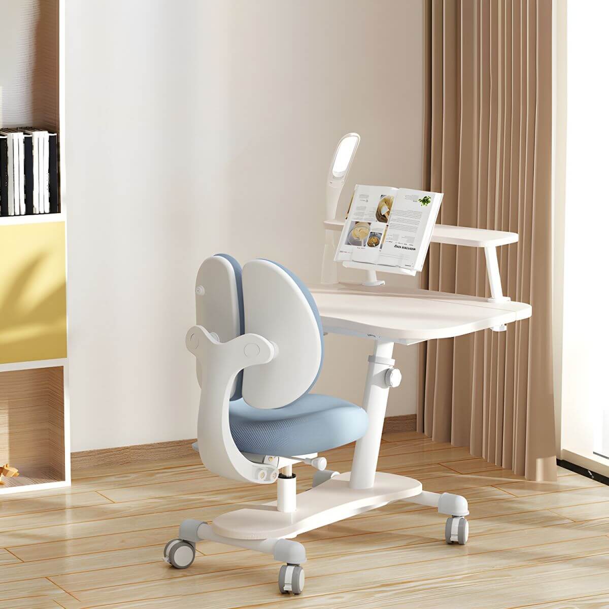 Adjustable Kids Writing Desk with Ergonomic Chair and Storage Shelf