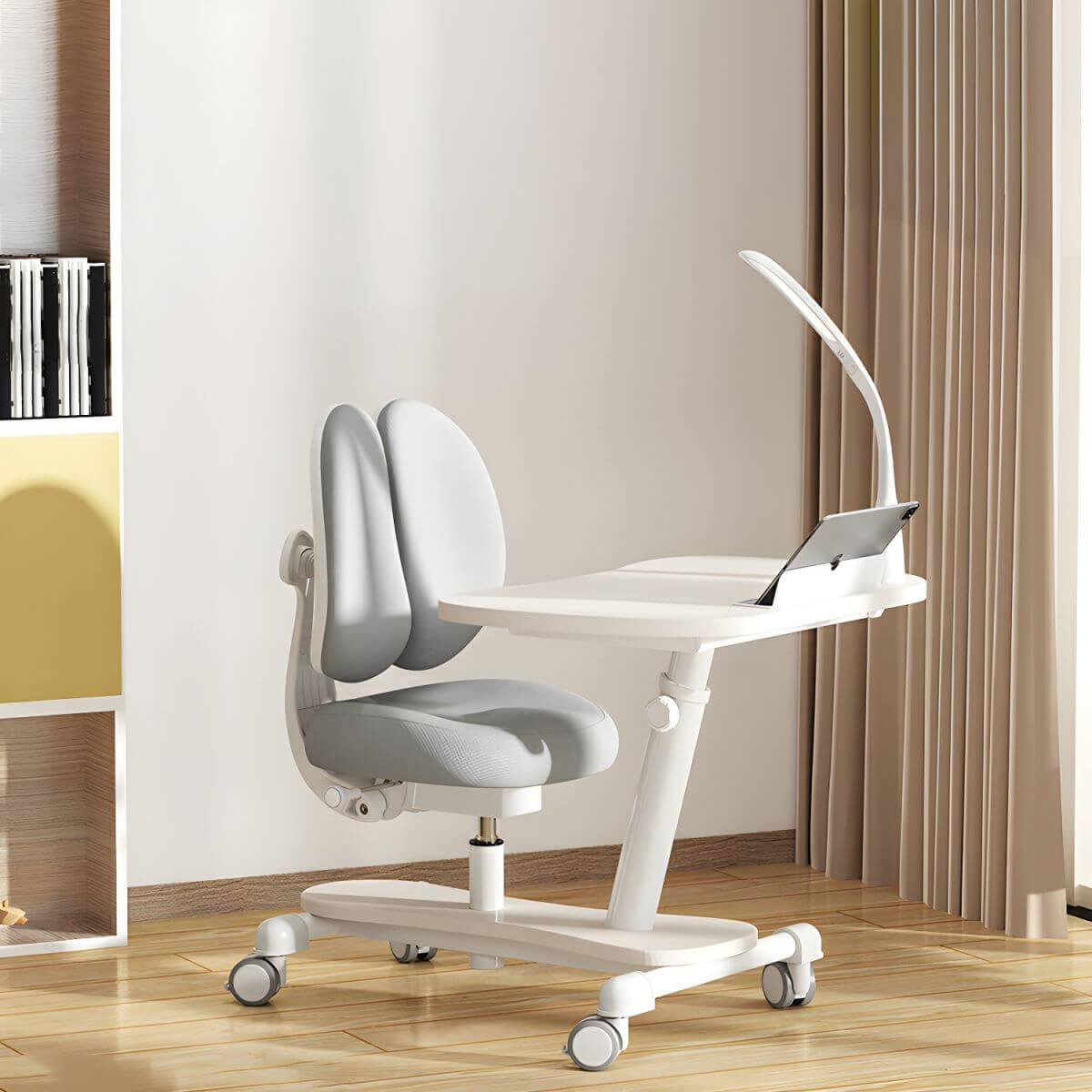 Adjustable Kids Writing Desk with Ergonomic Chair and Storage Shelf