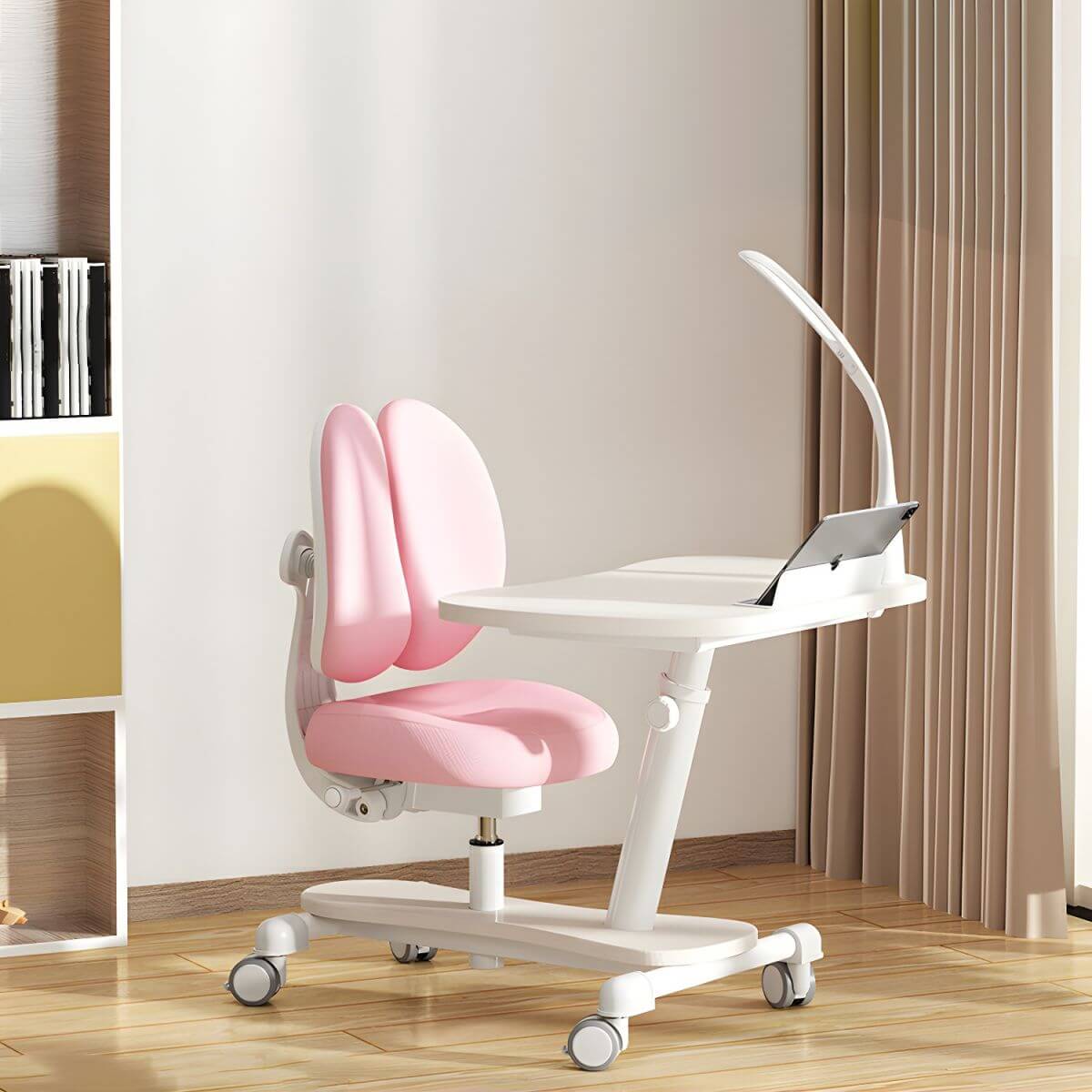 Adjustable Kids Writing Desk with Ergonomic Chair and Storage Shelf