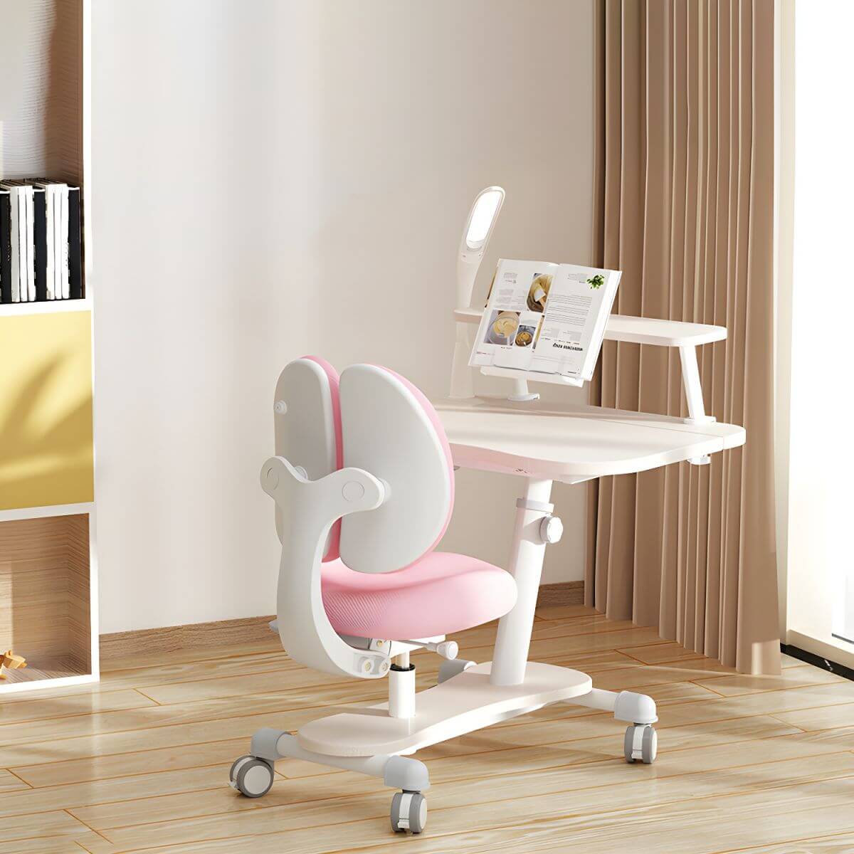 Adjustable Kids Writing Desk with Ergonomic Chair and Storage Shelf