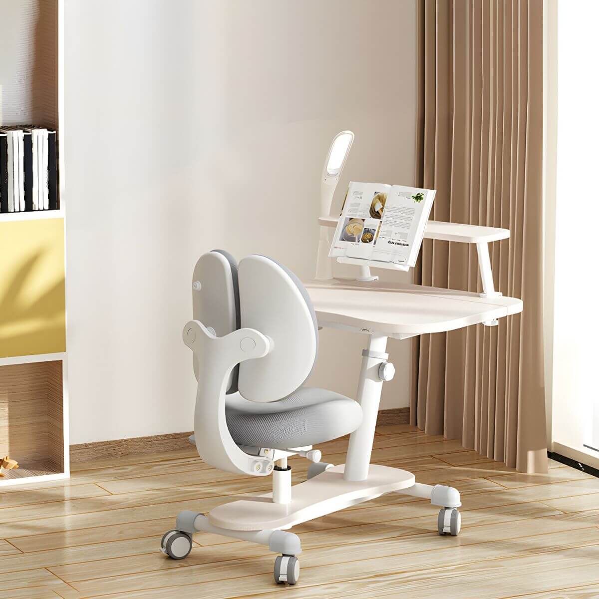 Adjustable Kids Writing Desk with Ergonomic Chair and Storage Shelf
