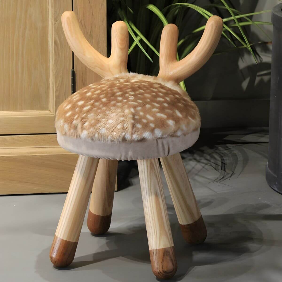 Animal-Shaped Upholstered Kids Stool with Light Wood Legs