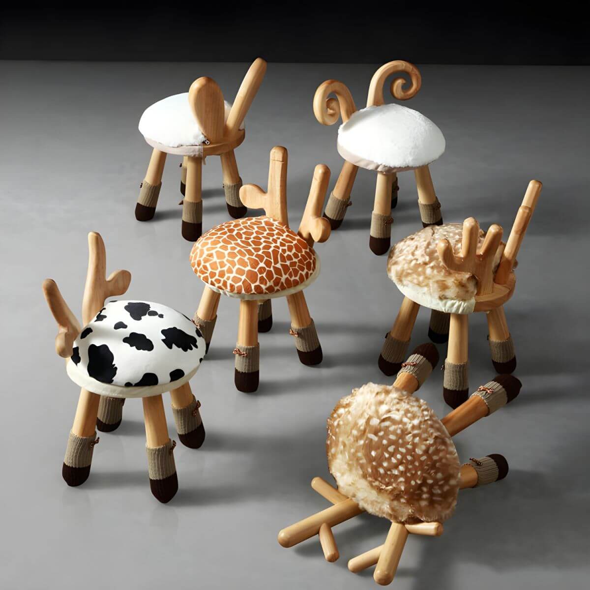 Animal-Shaped Upholstered Kids Stool with Light Wood Legs