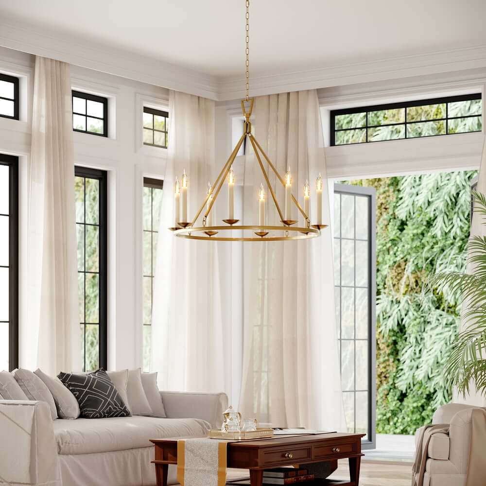 Antique Brass 8-Light Candle-Style Wagon Wheel Chandelier