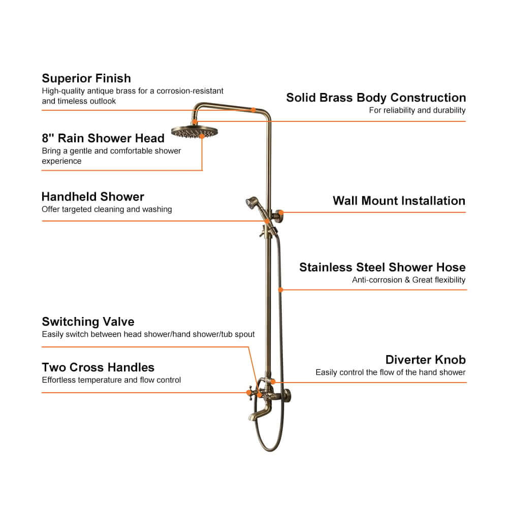 Antique Brass Traditional Rainfall Shower System with Hand Shower