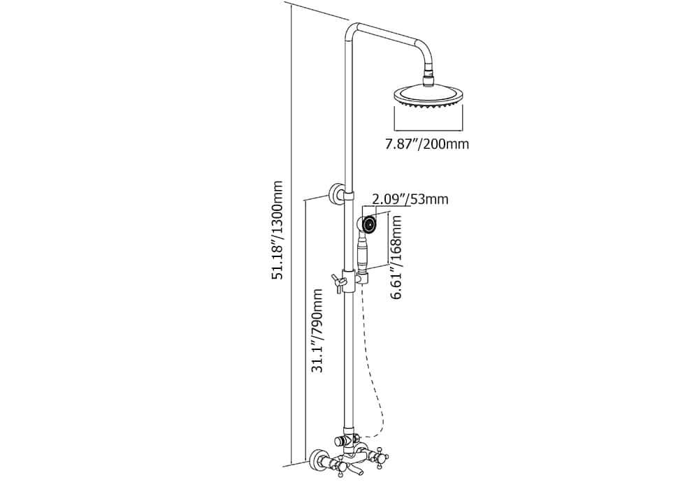 Antique Brass Traditional Rainfall Shower System with Hand Shower Dimensions