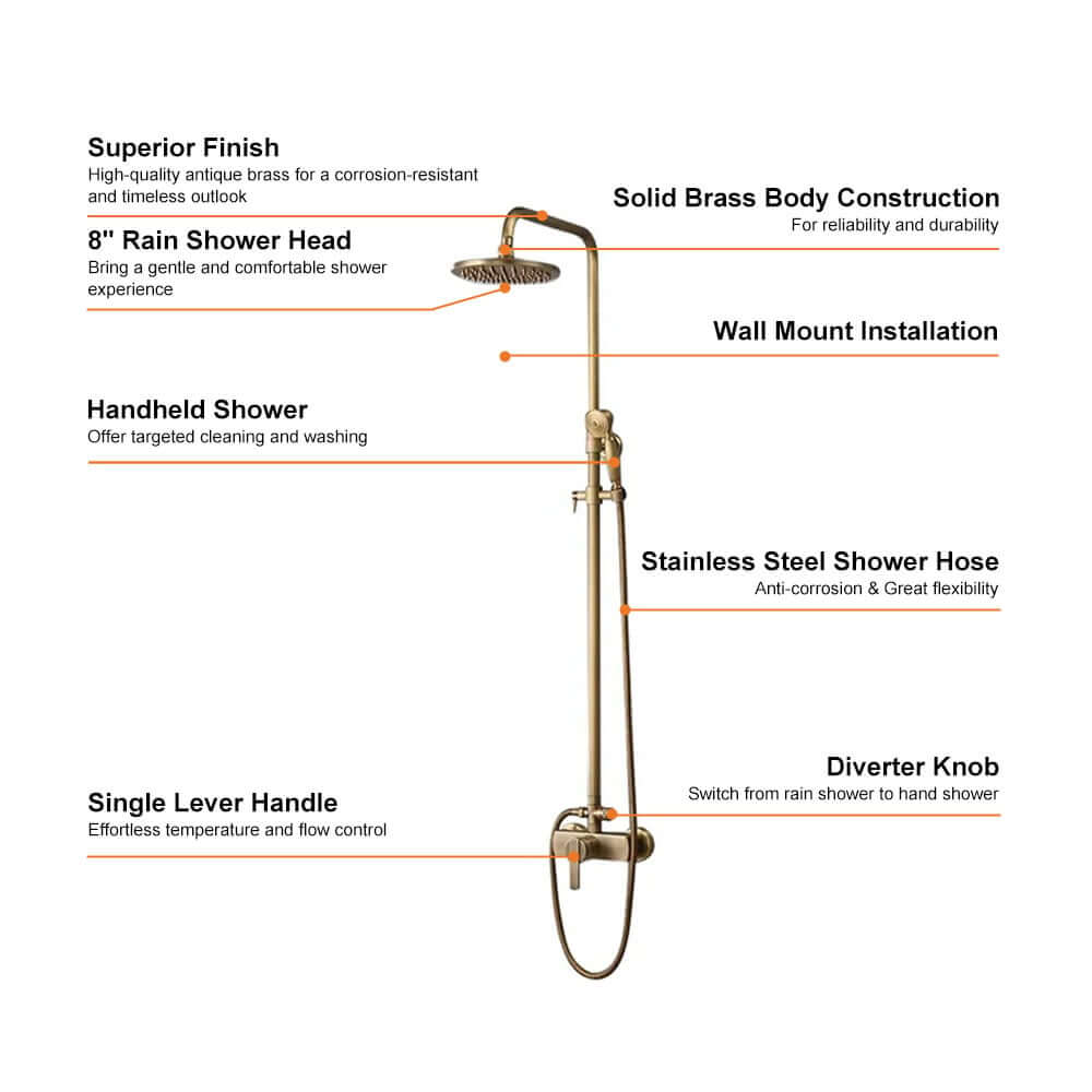 Antique Brass Traditional Shower Set with Rain Shower Head and Handheld