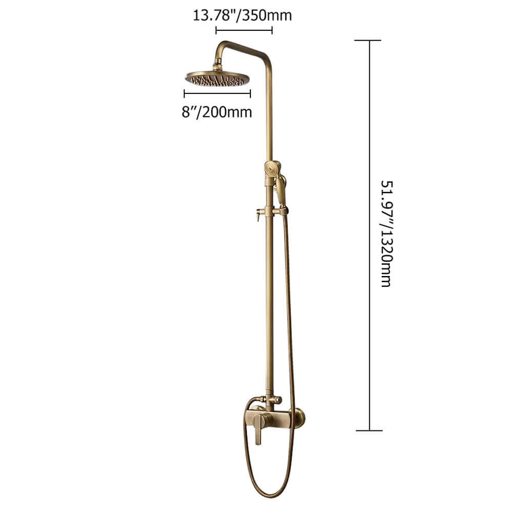 Antique Brass Traditional Shower Set with Rain Shower Head and Handheld Dimensions