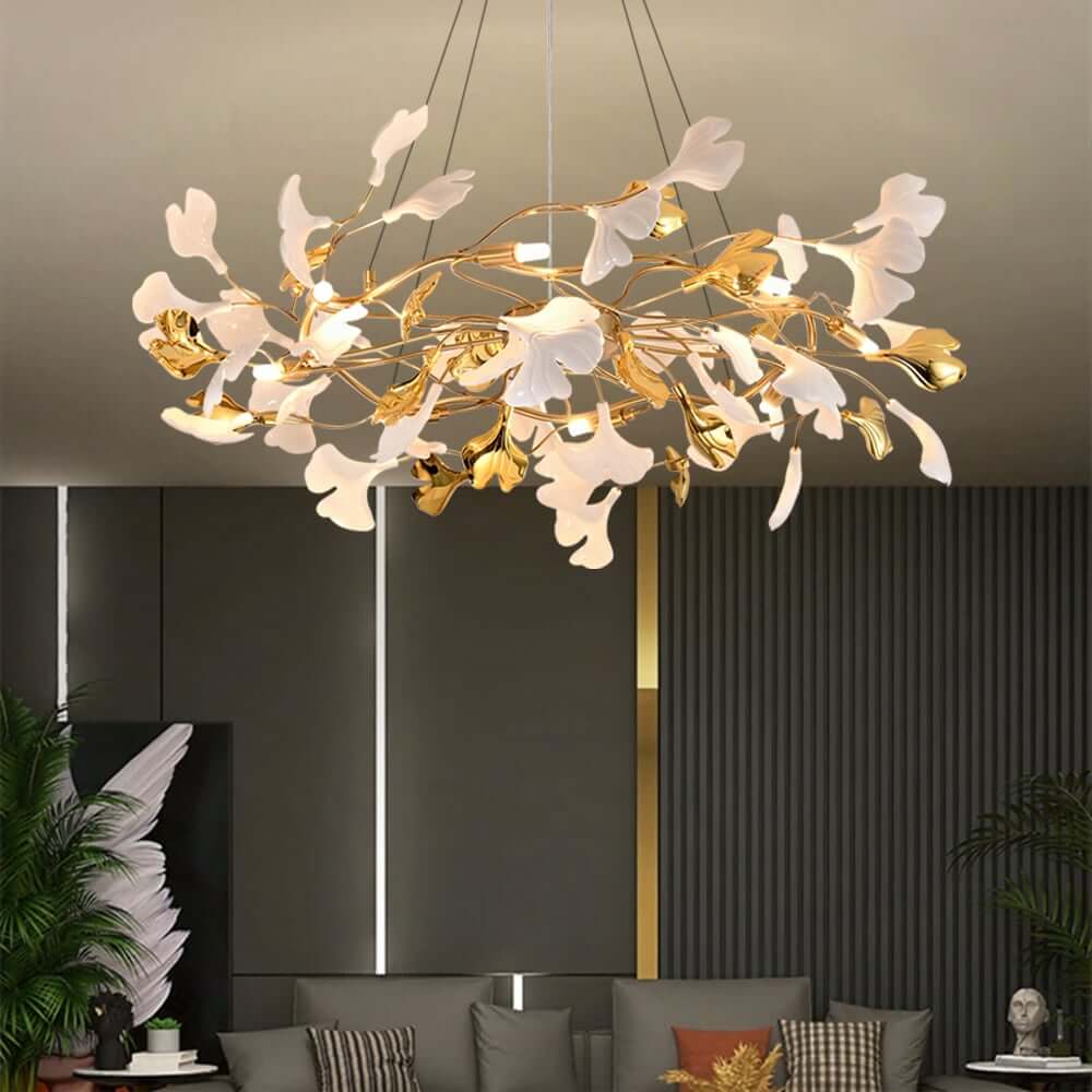 Art Deco 8-Light Gold Chandelier with Unique Ginkgo Leaf Design