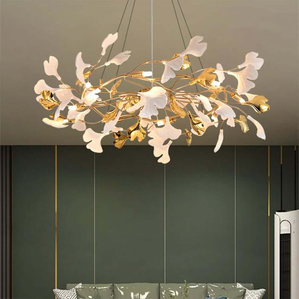 Art Deco 8-Light Gold Chandelier with Unique Ginkgo Leaf Design