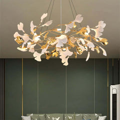 Art Deco 8-Light Gold Chandelier with Unique Ginkgo Leaf Design