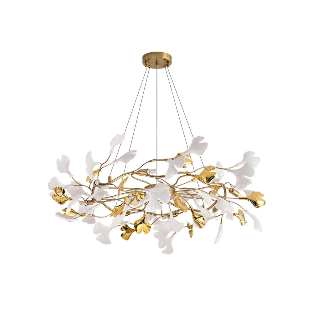 Art Deco 8-Light Gold Chandelier with Unique Ginkgo Leaf Design